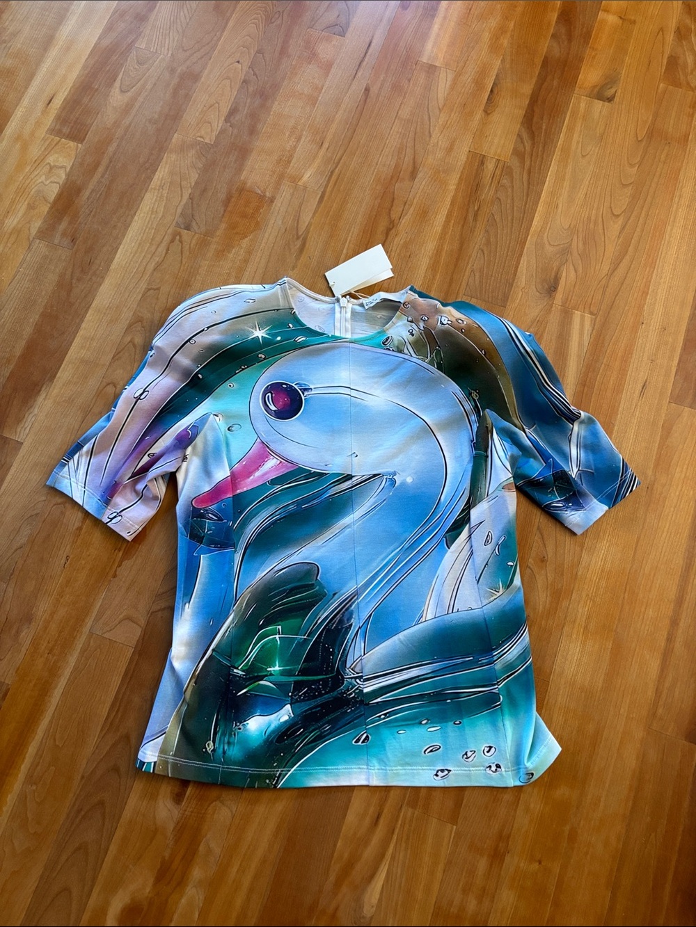Tory Burch Blue and Teal Lucky Duck Graphic Short Sleeve Top